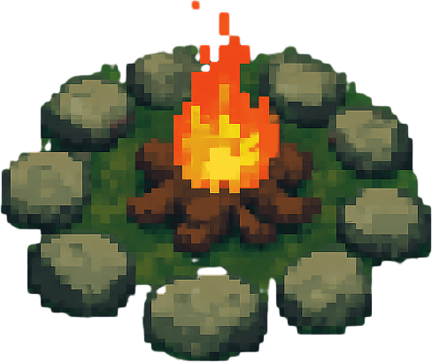 A post-apocalyptic green forest area with a campfire in the middle and stones around it,pixel art,less pixel,some bushes around.
In-Game asset.  2d.  High contrast.  No shadows. Pixel art
(View from above)