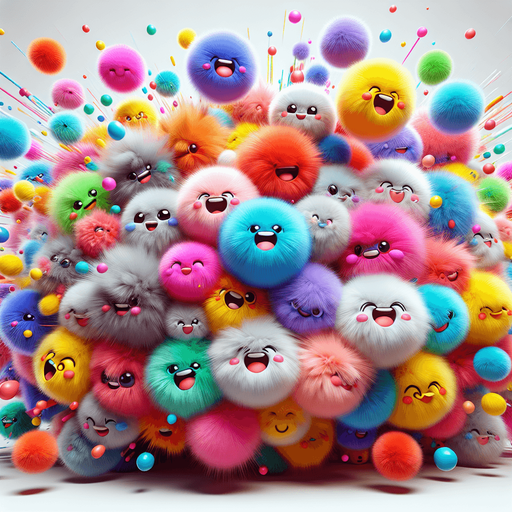 high definition, with lots of soft colorful fluffy fur balls. happy cartoon faces. exploding from middle of screen. No words