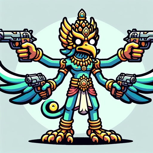 2d animation garuda man play shoot 2 gun 2 direction left and right.
Single Game Texture.  In-Game asset.  2d.  Blank background.  High contrast.  No shadows