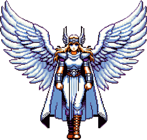 snes female valkyrie white wings spread.
Single Game Texture.  In-Game asset.  2d.  Blank background.  High contrast.  No shadows