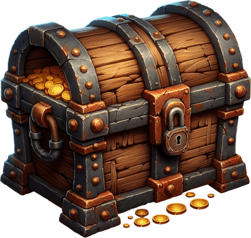 Treasure chest, like kept by the pirates with gold inside.
Single Game Texture. In-Game asset. 2d. Blank background. High contrast. No shadows.