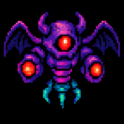 Flying Space enemy.
In-Game asset.  2d.  High contrast.  No shadows. Pixelart style.