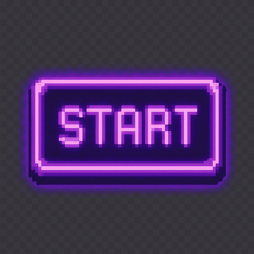 A single rectangular pixel art button labeled “Start” in a purple neon tone, designed for a lo-fi rhythm-based pixel art game. The button has soft glowing edges, a subtle pixel shadow, and a clean 1-bit pixel font. The overall mood is cozy and dreamy, matching a neon-lit DJ studio aesthetic. The background should be transparent..
In-Game asset.  2d.  High contrast.  No shadows