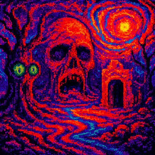 saturated themed psychedelic horror pixelated game style background scene. In-game asset. Surrealistic. dreamy.
In-Game asset