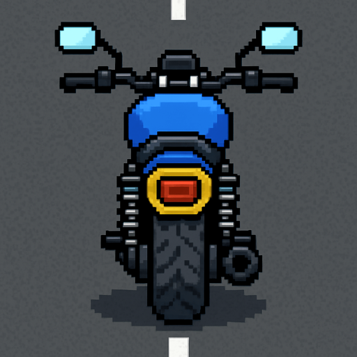 Create a 2D motorcycle sprite viewed from behind, positioned to ride on the road..
In-Game asset.  2d.  High contrast.  No shadows