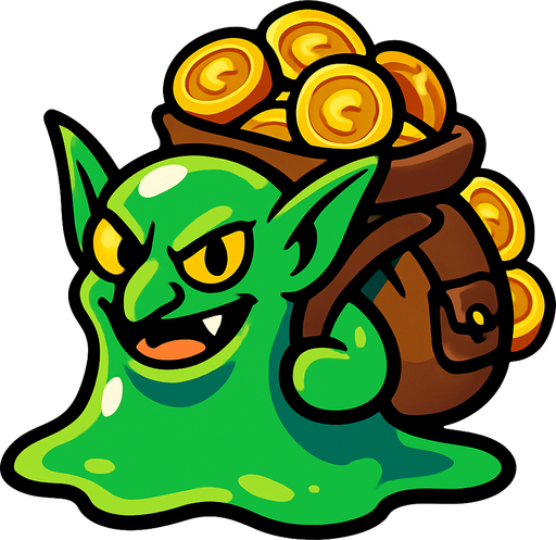 a goblin slime which have backpack fully coins.
In-Game asset.  2d.  High contrast.  No shadows