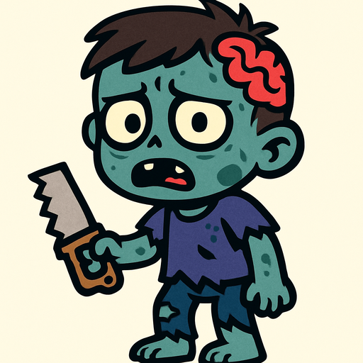 2D. Child (small) zombie. He has a small saw in his hand..
In-Game asset.  2d.  High contrast.  No shadows