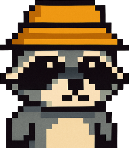 mapache de pixeles con sombrero pesquero.
In-Game asset.  2d.  High contrast.  No shadows