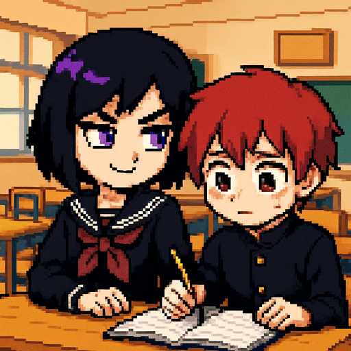 A cute anime-style girl in pixel art, with an emo aesthetic, striking purple eyes, and a classic Japanese school uniform (sailor fuku), is studying with furrowed brows and a confident smile. She sits next to a shy red-haired boy with red eyes, also in pixel art style. Their desks are pushed together, and on the boy’s desk lies an open notebook, which he nervously stares at while holding a graphite pencil. The girl looks at him with a mix of sternness and confidence, convinced he won’t pass the exam. The background depicts a typical Japanese classroom.