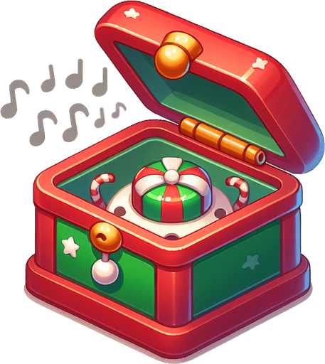 A christmas Music Box . Plastic style Single Game Texture. In-Game asset. 2d. Blank background. High contrast. No shadows.