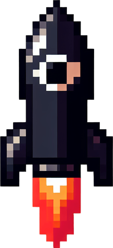 8 bit image black rocket with fire tail.
Single Game Texture.  In-Game asset.  2d.  Blank background.  High contrast.  No shadows