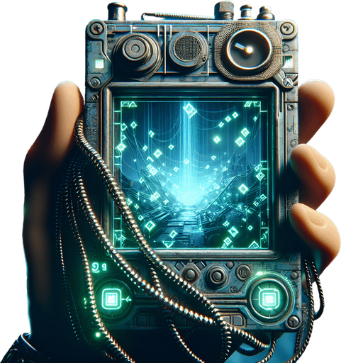 A POV perspective of a retro-futuristic handheld device, its screen glowing softly with greenish-blue digital patterns. The design features a blocky, cyberpunk aesthetic with subtle neon accents along the edges and small, glowing symbols etched into the surface.

Chains around the device are mid-shatter, breaking into faintly glowing fragments that drift away, symbolizing its freedom. The screen flickers with faint digital animations, hinting at its restored functionality without being overly complex. The hand holding the device is faintly lit by the neon glow, with the background melting into a dim, urban cyberpunk haze, emphasizing the sleek yet gritty retro-futuristic vibe..
Single Game Texture. In-Game asset. 2d. Blank background. High contrast. No shadows.
