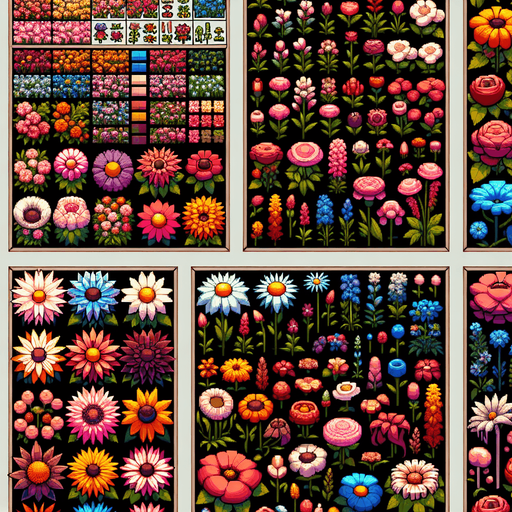 Sprite Sheet of flowers viewed from the top (zenith view).
Modern video game style