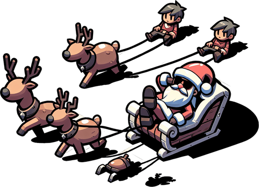 A lazy santa clause on his sleigh with reindeers. 2d cartoon, side view Single Game Texture. In-Game asset. 2d. Blank background. High contrast. No shadows.