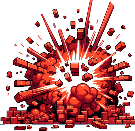 a cartoon explosion made of red bricks. no shadows..
Single Game Texture. In-Game asset. 2d. Blank background. High contrast. No shadows.