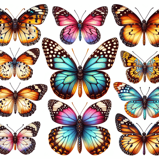 Sprite sheet with several differently colored butterflies. Realistic. No outline. No shadows. No backgrounds..