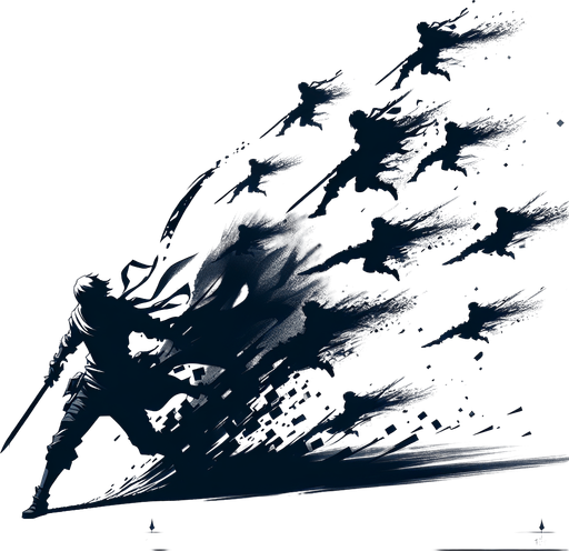 A central figure with several fading, translucent shadow copies trailing behind or positioned nearby. Could also be a weapon swing that leaves dark afterimages..
Single Game Texture.  In-Game asset.  2d.  Blank background.  High contrast.  No shadows