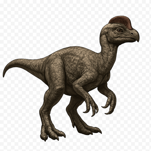 A realistic Oviraptor dinosaur depicted in a neutral pose on a transparent background. It has smooth, mottled gray and brown scaly skin with visible wrinkles and texture. The head is short and rounded with a prominent crest above its eyes and a strong, curved beak. Its limbs are muscular with sharp claws. The tail is medium length and slightly curved. The skin texture shows detailed scales and natural imperfections, emphasizing a lifelike, agile predator..
In-Game asset.  2d.  High contrast.  No shadows