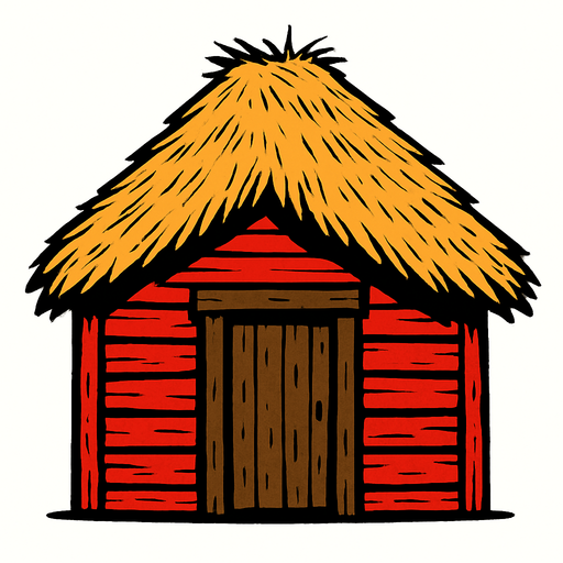 Make a house, with a wood door, the house is made of red wood and the door brown wood, the roof is made of wheat.
2d.  High contrast.  No shadows