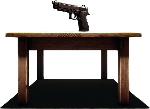 a table with a gun.
In-Game asset. Blank background. High contrast.