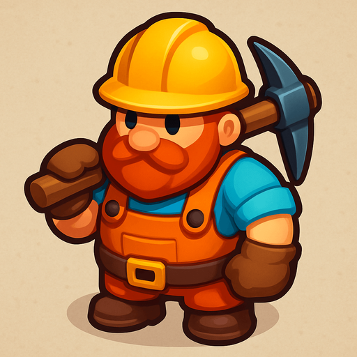 Crea un personaje "Trabajador" para un juego de Tower Defense, en un estilo 2D renderizado, limpio y cartoonish. El trabajador debe tener contornos claros y definidos, colores vibrantes con transiciones suaves, y sombreado que dé volumen.

El diseño debe ser el de un personaje compacto y robusto, diseñado para ser fácilmente reconocible desde una vista cenital/ligeramente aérea, pero con suficiente detalle para mostrar su progresión. Debe evocar la idea de construcción, minería o recolección de recursos..
In-Game asset.  2d.  High contrast.  No shadows