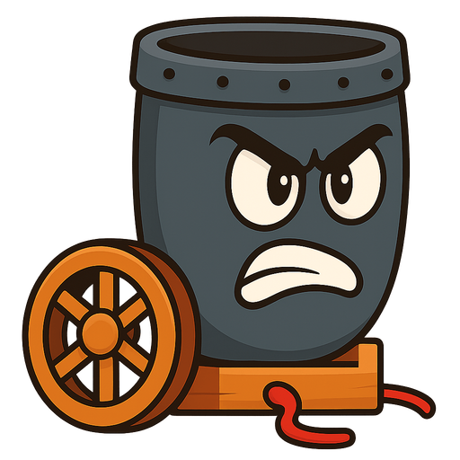 Bullet Cannon Cartoon. No background. Transparent background. Blank background. No shadows. 2d. In-Game asset. flat