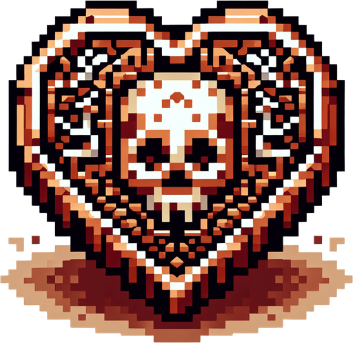 isometric doubloon copper coin icon featuring a skull. shaped like a heart. pirate themed. pixelated. 8 bit..
Single Game Texture. In-Game asset. 2d. Blank background. High contrast. No shadows.