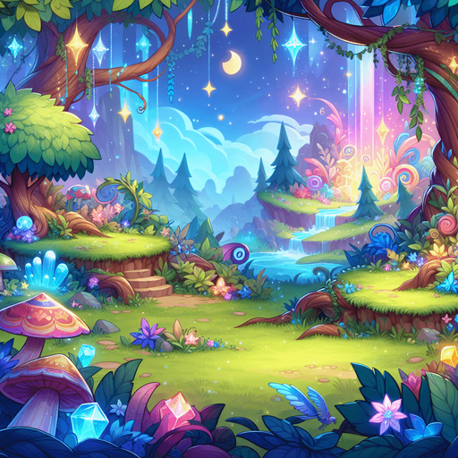 a magical landscape of wonder and joy.
Single Game Texture. In-Game asset. 2d. Blank background. High contrast. No shadows.