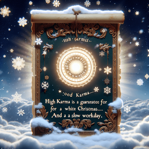 a pergament of many snowflakes in the sky. With a high good Karma Counter. There is the text "high karma is a guarantee for a white christmas... and a slowly workday"