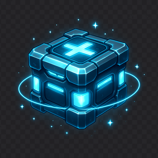 A 2D sci-fi gift box or power-up crate floating in space, with a glowing metallic surface, futuristic design, bright neon blue and silver accents, and a soft pulsing light effect. The box should look valuable and mysterious, slightly levitating with subtle sparkles or energy rings around it. Designed for a top-down space shooter game. Transparent background, digital art, ideal for sprite use..
In-Game asset.  2d.  High contrast.  No shadows