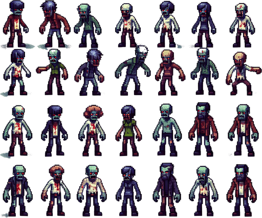 a two d zombies
\.
Single Game Texture.  In-Game asset.  2d.  Blank background.  High contrast.  No shadows