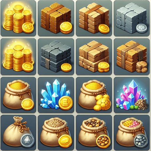 A neatly arranged collection of game resources for a strategy tycoon game. The set includes stacks of gold coins with shimmering highlights, bundles of wood tied with rope, piles of smooth gray stone blocks, shimmering crystal shards, and sacks overflowing with grains and food. Each resource has distinct, vibrant colors and semi-realistic textures, designed to be easily recognizable by players. The background is clean and neutral, ensuring the focus remains on the individual resource icons.
Single Game Texture.  In-Game asset.  2d.  Blank background.  High contrast.  No shadows