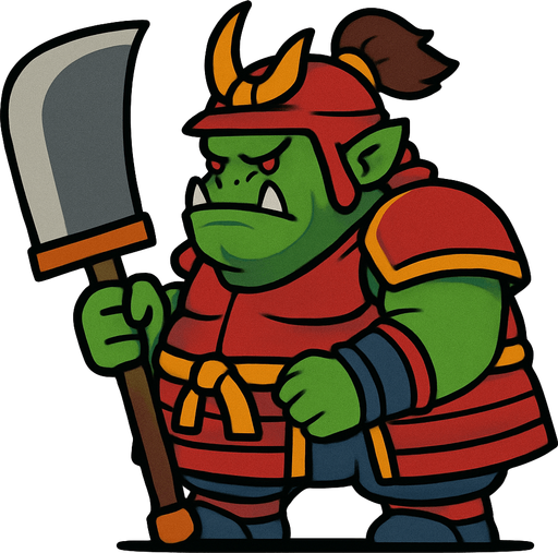 side scroller image fat orc samurai front holding big axe.
In-Game asset.  2d.  High contrast.  No shadows