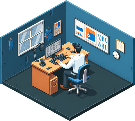 a developer sitting on his laptop in his cubicle, typing on the keyboard.
Single Game Texture.  In-Game asset.  2d.  Blank background.  High contrast.  No shadows
