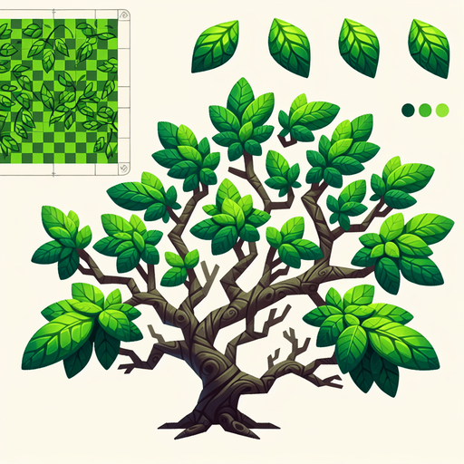 A tree branch with green leaves
Single Game Texture. In-Game asset. 2d. Blank background. High contrast. No shadows.