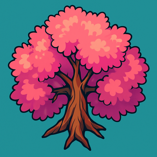 Top view of colorful pink tree looking upwards.
In-Game asset.  2d.  High contrast.  No shadows