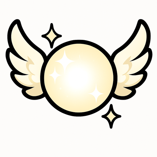 una esfera blanca con destellos con alas de angel a los lados.
In-Game asset.  2d.  High contrast.  No shadows
