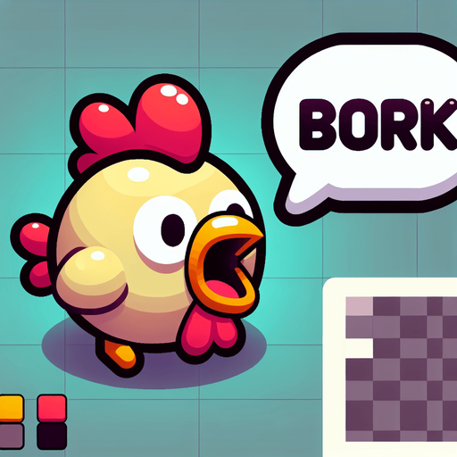 Cartoon Chicken Shouting. Speech bubble with text "Bork"
Single Game Texture.  In-Game asset.  2d.  Blank background.  High contrast.  No shadows