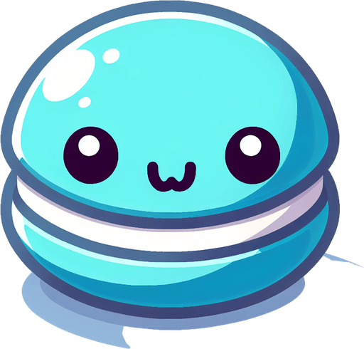 macaron bleu avec un visage mignon..
Single Game Texture.  In-Game asset.  2d.  Blank background.  High contrast.  No shadows