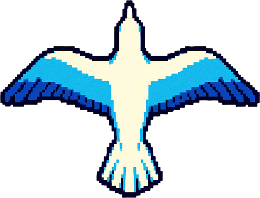 A seagull with wings spread straight out as if soaring. Top down view, looking down from above. 80s arcade machine graphics.
In-Game asset.  2d.  High contrast.  No shadows