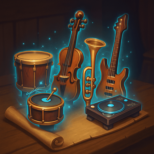Design an icon for a button labeled "Towers" in a fantasy tower defense game set in a haunted concert hall. The icon should clearly represent access to a selection of instrument-based defense towers.

Use a stylized rack or display of musical instruments arranged like tower miniatures: a drum, violin, trumpet, electric guitar, and DJ deck. They should look magical and glowing slightly, as if floating or placed on a scroll or magical stand.

The icon should be square (256×256 px), clean and readable at small sizes.
Background should be subtle—wood, velvet, or magical mist—but not distracting.
The icon must not include text, only imagery.
Style: digital painted or semi-flat fantasy UI, fitting with a classical, magical orchestral theme..
In-Game asset.  2d.  High contrast.  No shadows