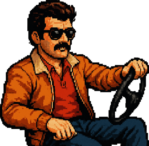 pixel art image of a 34-year-old cool-looking driver guy in a vintage retro 1980s style, Turkish style depicted in a 3/4 view. The driver should be leaning back casually, exuding confidence and style, with one hand on the wheel as if driving. Single Game Texture. In-Game asset. 2d. Blank background. High contrast. No shadows.