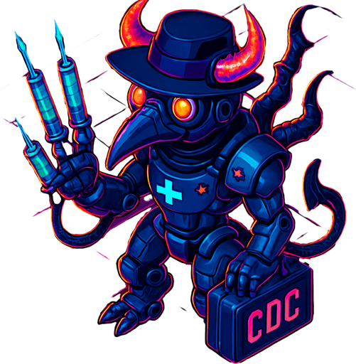 Neon cyberpunk anime top down isometric animatronic plague doctor cyborg demon medic CDC corporate robot monster disease pestilence medicine syringes