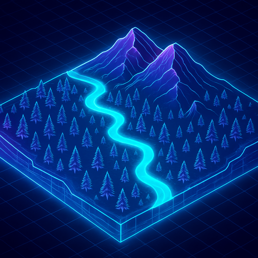 Top down isometric anime forest River mountains neon map grid hologram