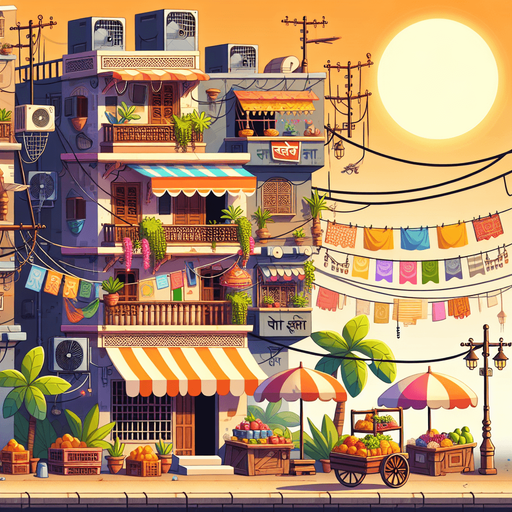 Create 2D cartoon-style Indian street buildings for a side-scrolling background. Include colorful shops with Hindi signboards, tea stalls, fruit carts, clotheslines with hanging clothes, and balconies with flower pots. Add hanging wires, fans, and posters on the walls for detail. Style should be vibrant, humorous, and full of character, matching a fun endless runner game..fore ground sky with sun
Single Game Texture.  In-Game asset.  2d.  Blank background.  High contrast.  No shadows