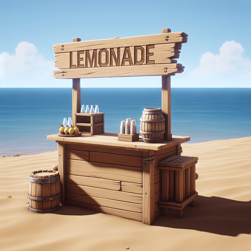 An empty beach side lemonade stand..
Single Game Texture. In-Game asset. 2d. Blank background. High contrast. No shadows.