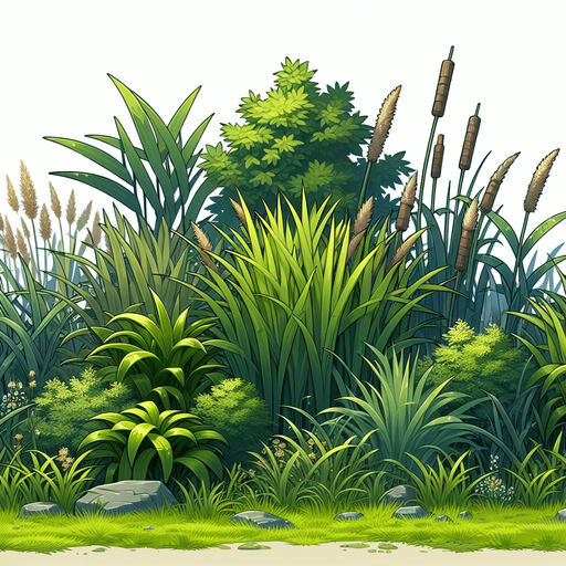 Grass and reeds foreground layer for endless runner.
Single Game Texture. In-Game asset. 2d. Blank background. High contrast. No shadows.