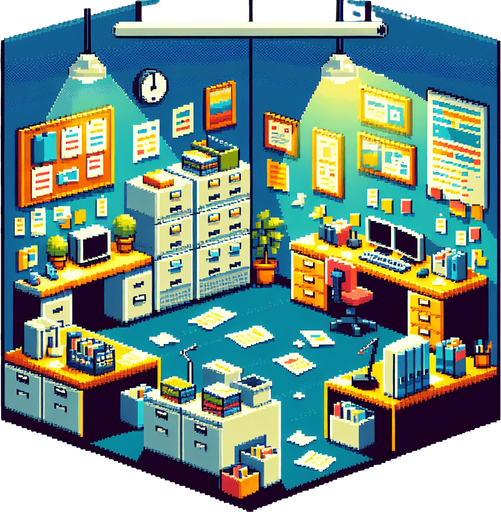 Single Game Texture. In-Game asset. 2D. Blank background. High contrast. No shadows. A pixel-art retro office background featuring cubicles, filing cabinets, and scattered papers. The design is simple but vibrant, with blocky shapes and bright colors suitable for a static 2D game environment..
Single Game Texture. In-Game asset. 2d. Blank background. High contrast. No shadows.