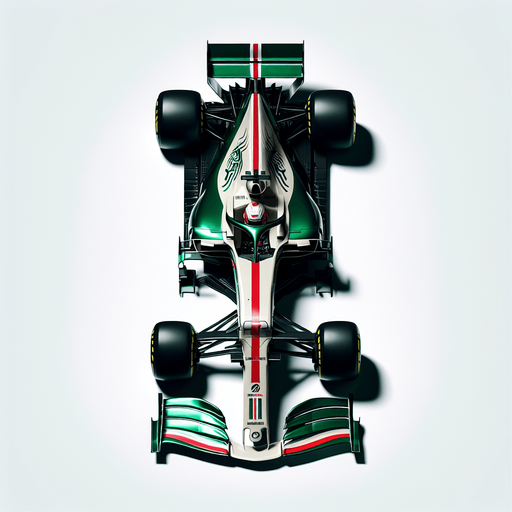 F1 Jaguair race car. Shiny green body. white Jaguar animal logo on body. thin red and white stripes. white front wings and white rear wing.  TOP VIEW!.
Single Game Texture. In-Game asset. 2d. Blank background. High contrast. No shadows.