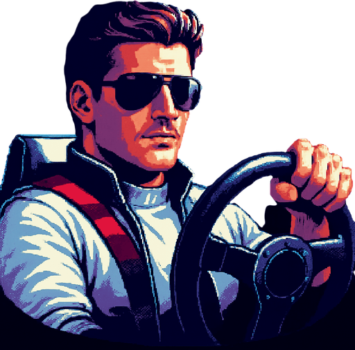 charater holds the steering wheel with one hand